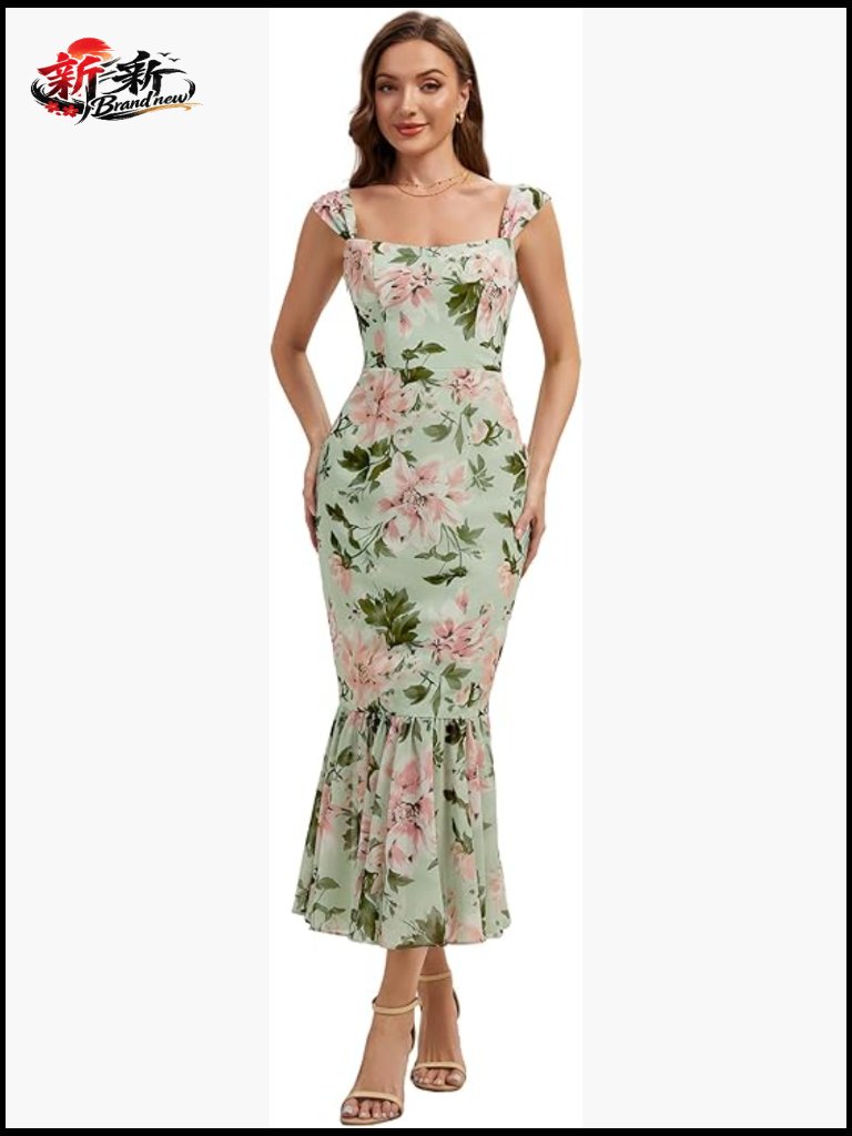 Chiffon Square Neck Sleeveless Tea Length Mermaid Wedding Guest Dress